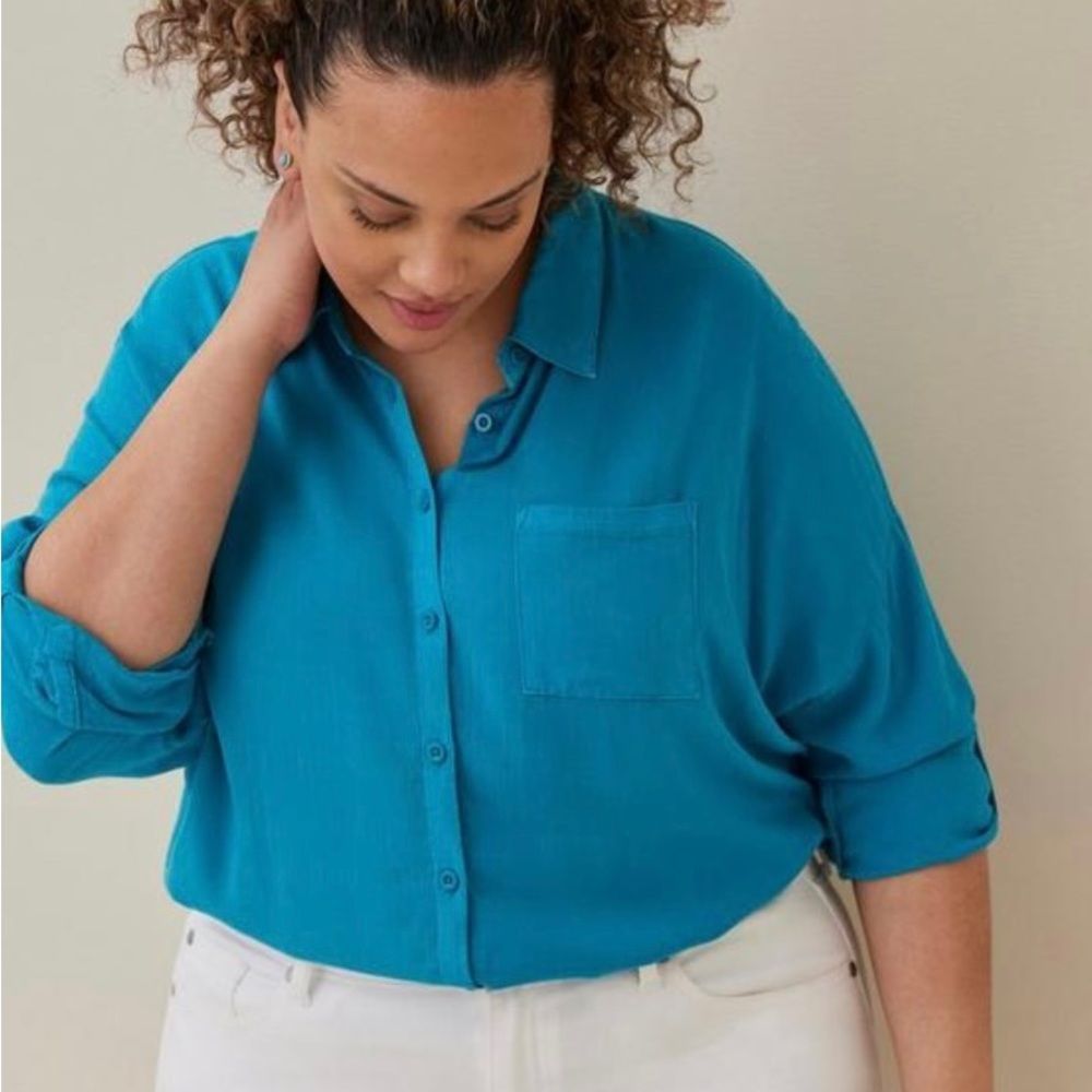Torrid Rayon Slub Drop Shoulder Button-Front Shirt - Enamel Blue - Sz. 1 - NWT